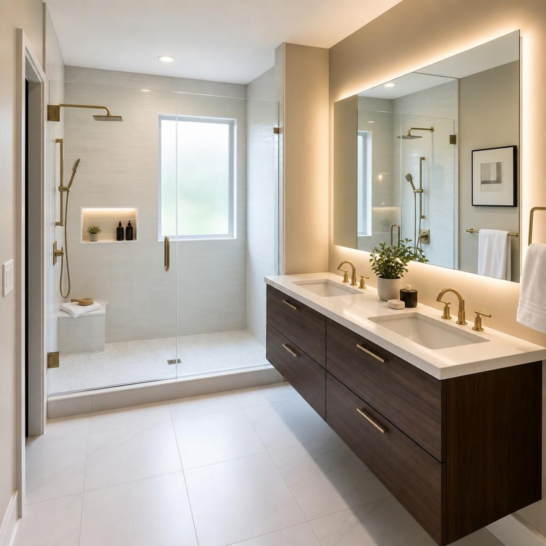 Modern bathroom remodel with frameless glass shower, floating dark-walnut vanity, and large-format porcelain tile