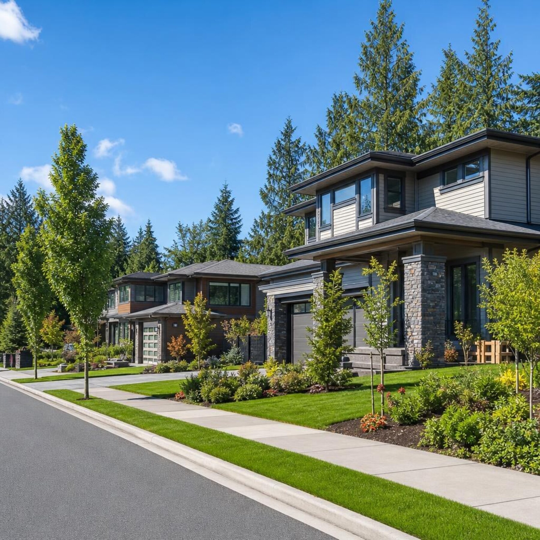 Bellevue Washington residential street with modern Pacific Northwest homes