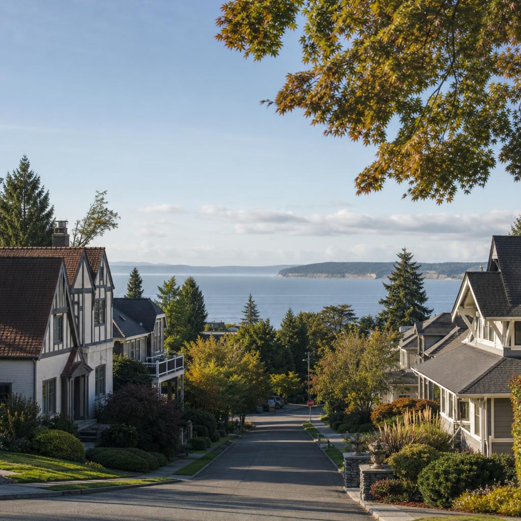 Edmonds Washington view neighbourhood with Puget Sound glimpse through the trees