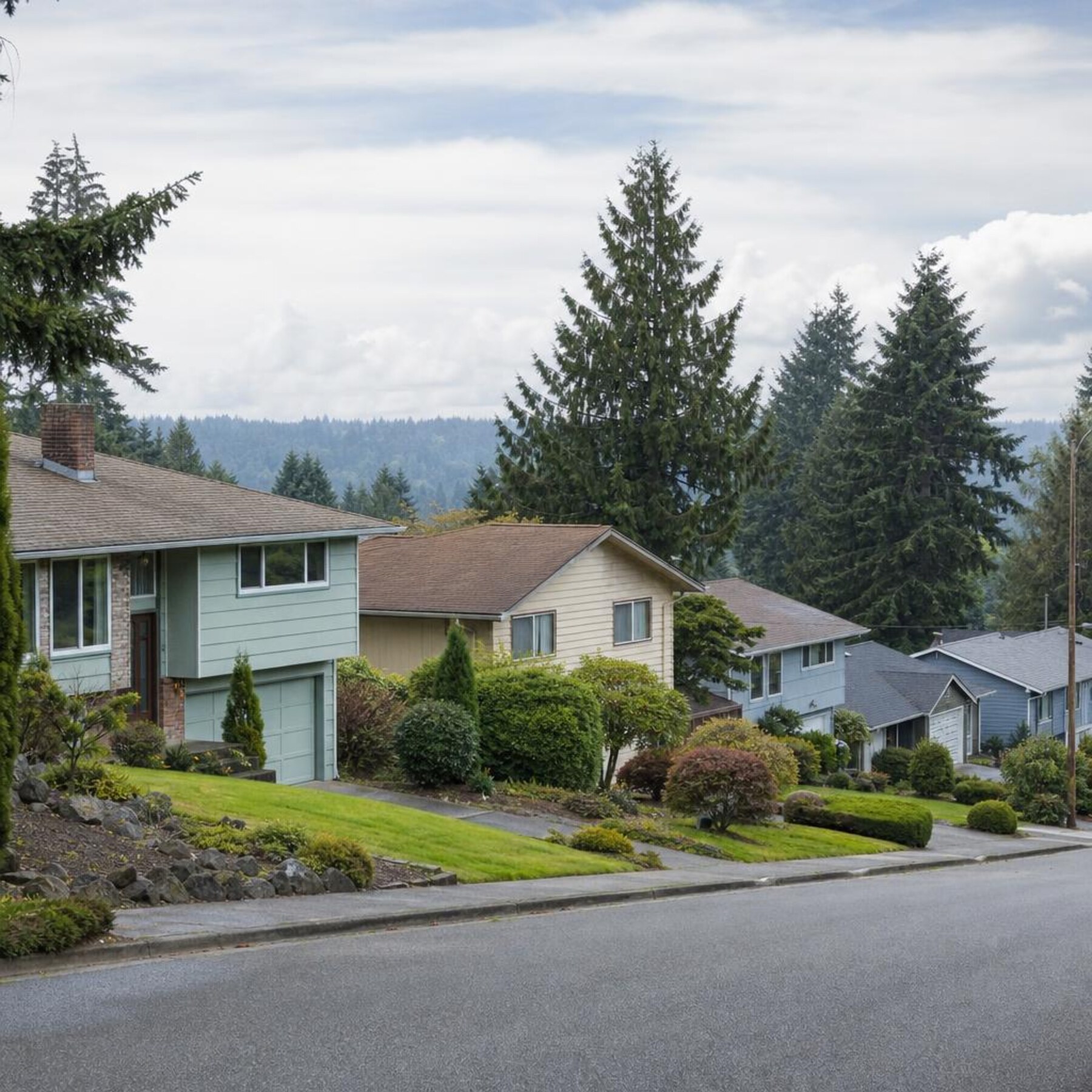 Federal Way Washington residential street with established evergreen and deciduous trees