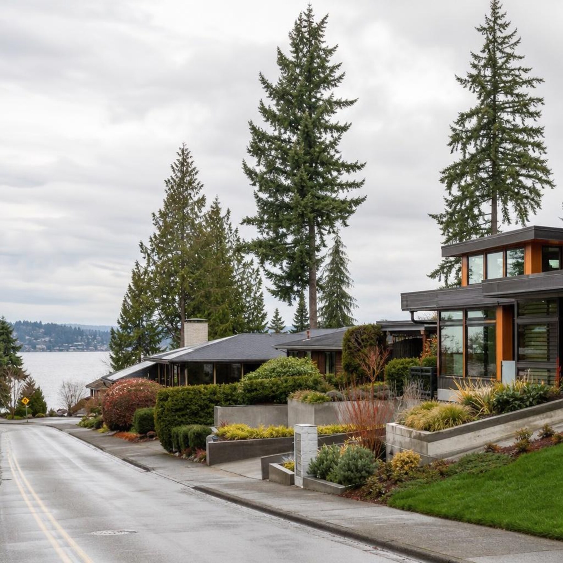 Kirkland Washington residential street near Lake Washington with Pacific Northwest trees