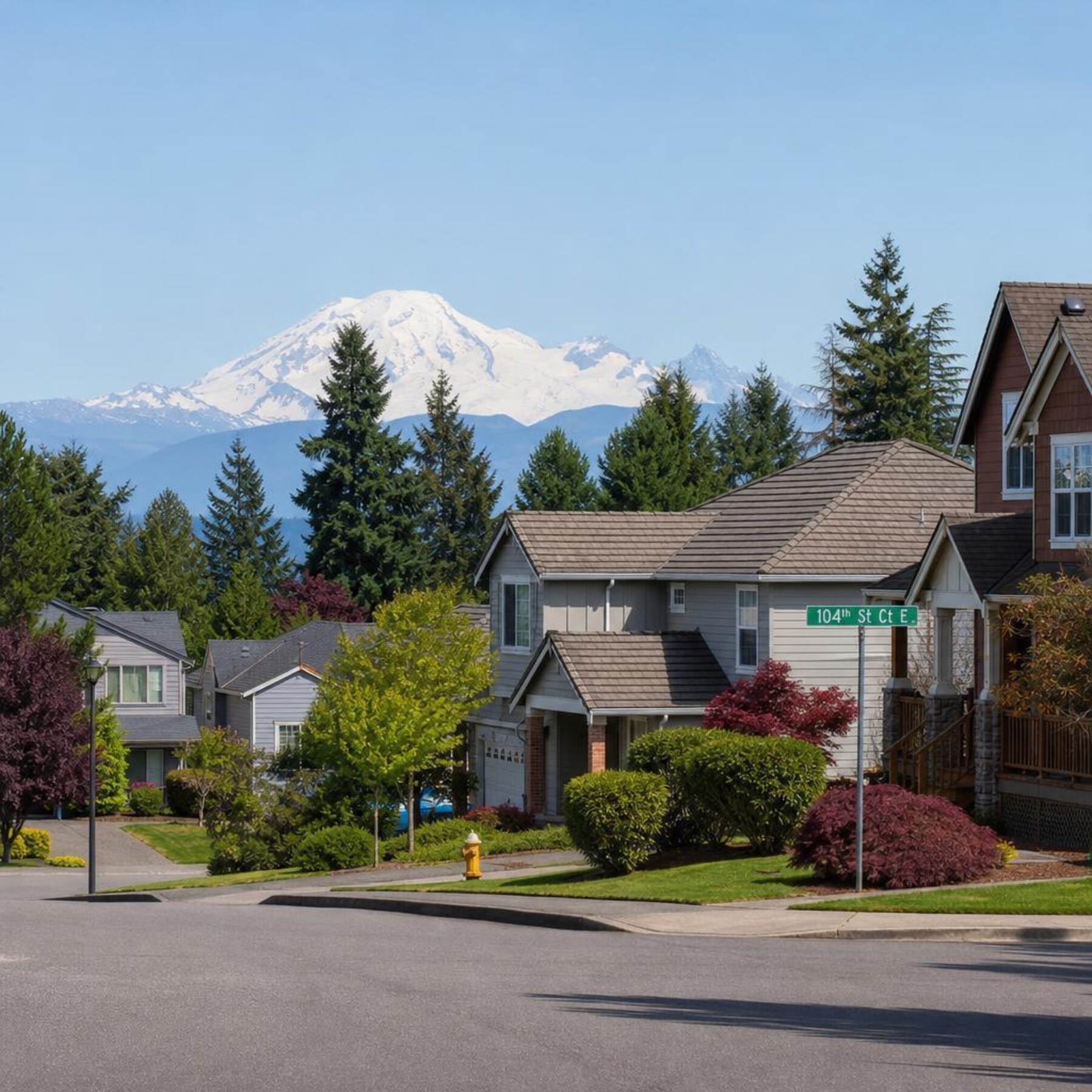 Puyallup Washington South Hill street with Mount Rainier visible in the background