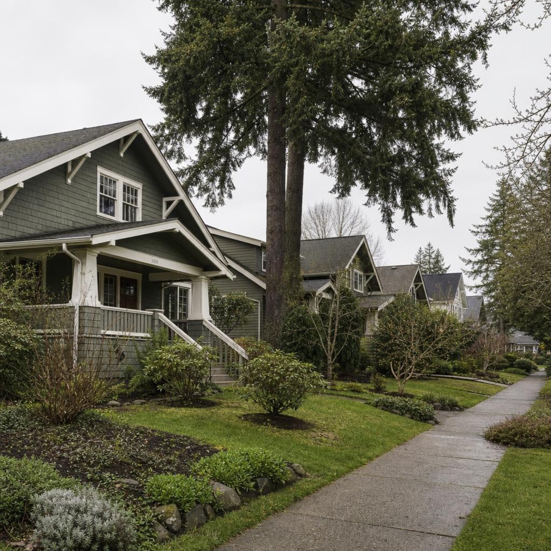 Seattle craftsman bungalow neighbourhood street lined with mature Douglas fir trees