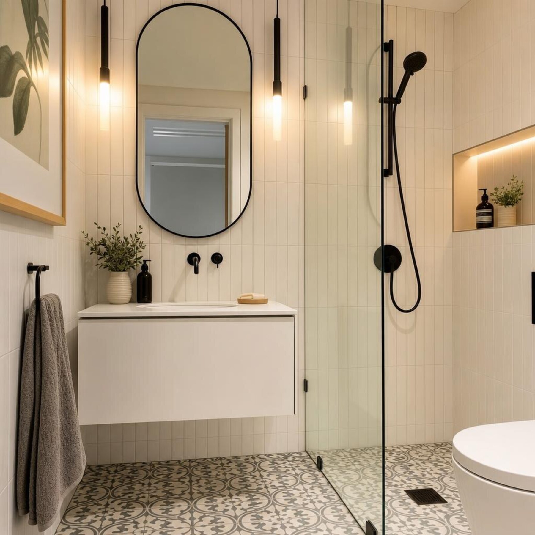 Compact bathroom with wall-hung vanity, vertical subway tile, and patterned cement floor tile