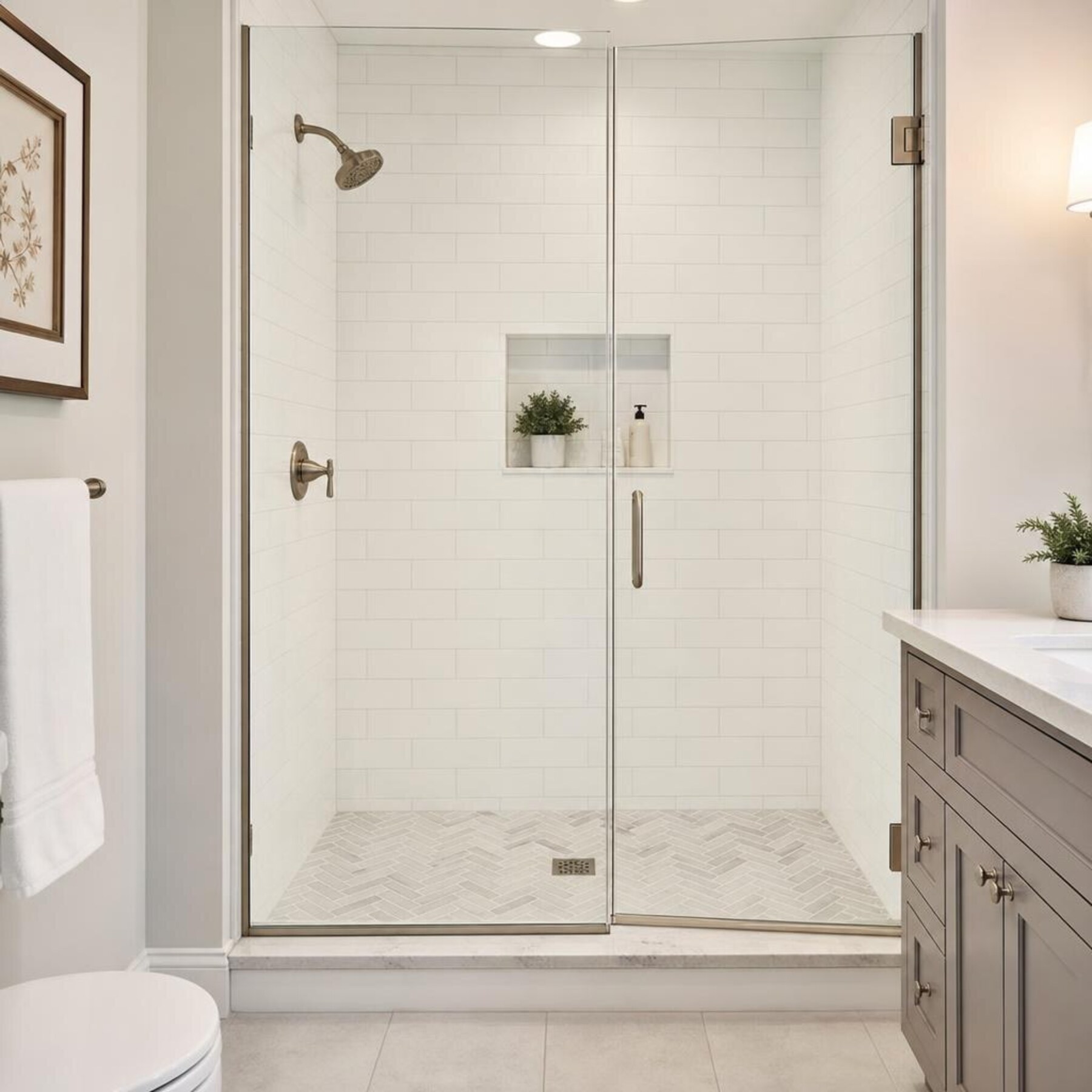 Freshly converted walk-in shower with herringbone floor tile and glass door where a tub once stood